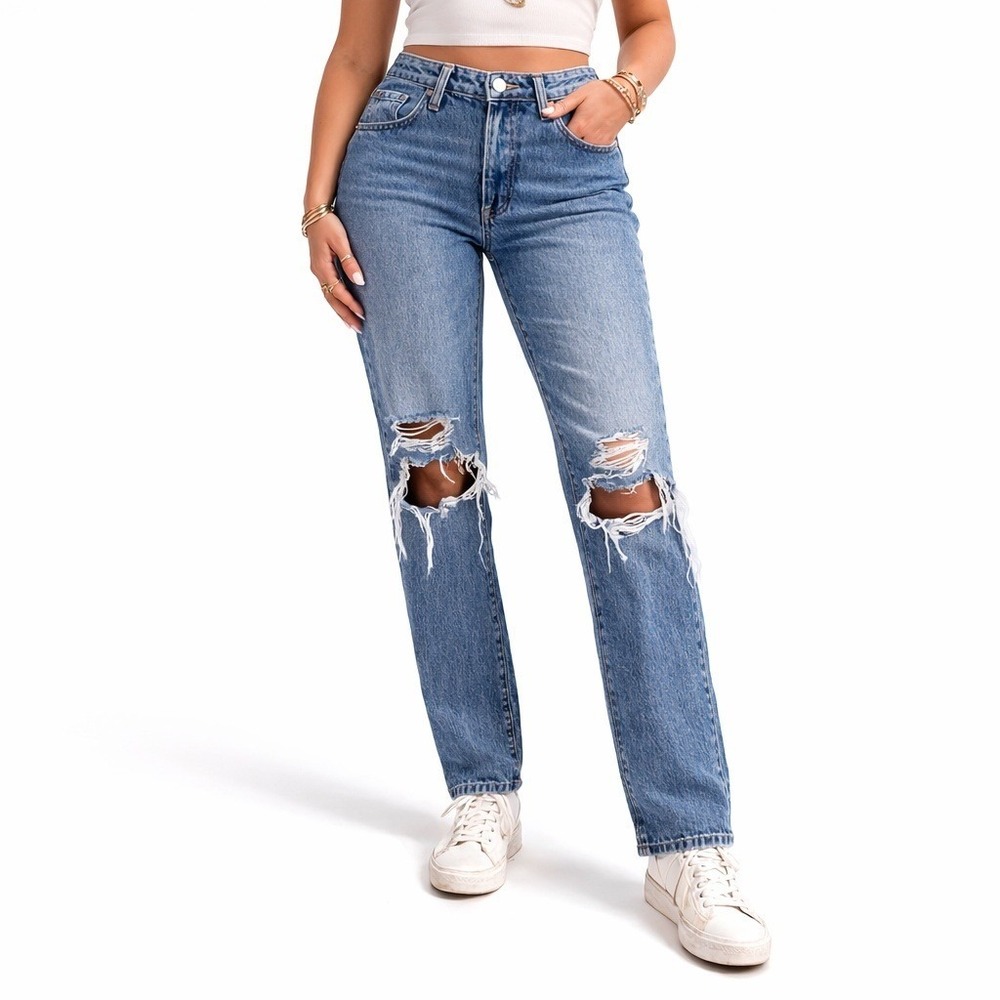 Rollas Classic Straight High Rise Distressed Jeans Organic Cotton Size 8